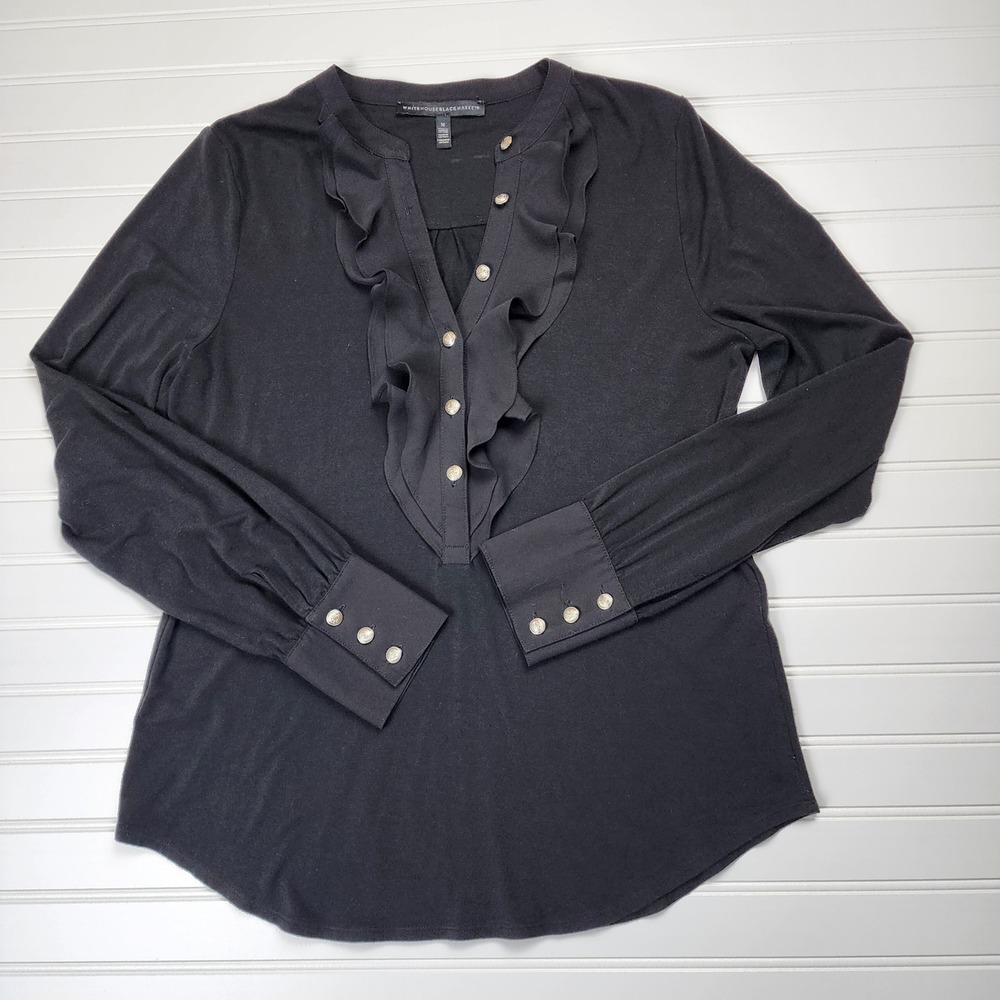WHITE HOUSE‎ BLACK MARKET Womens Med Black Ruffle V Neck Long Sleeve Button Top